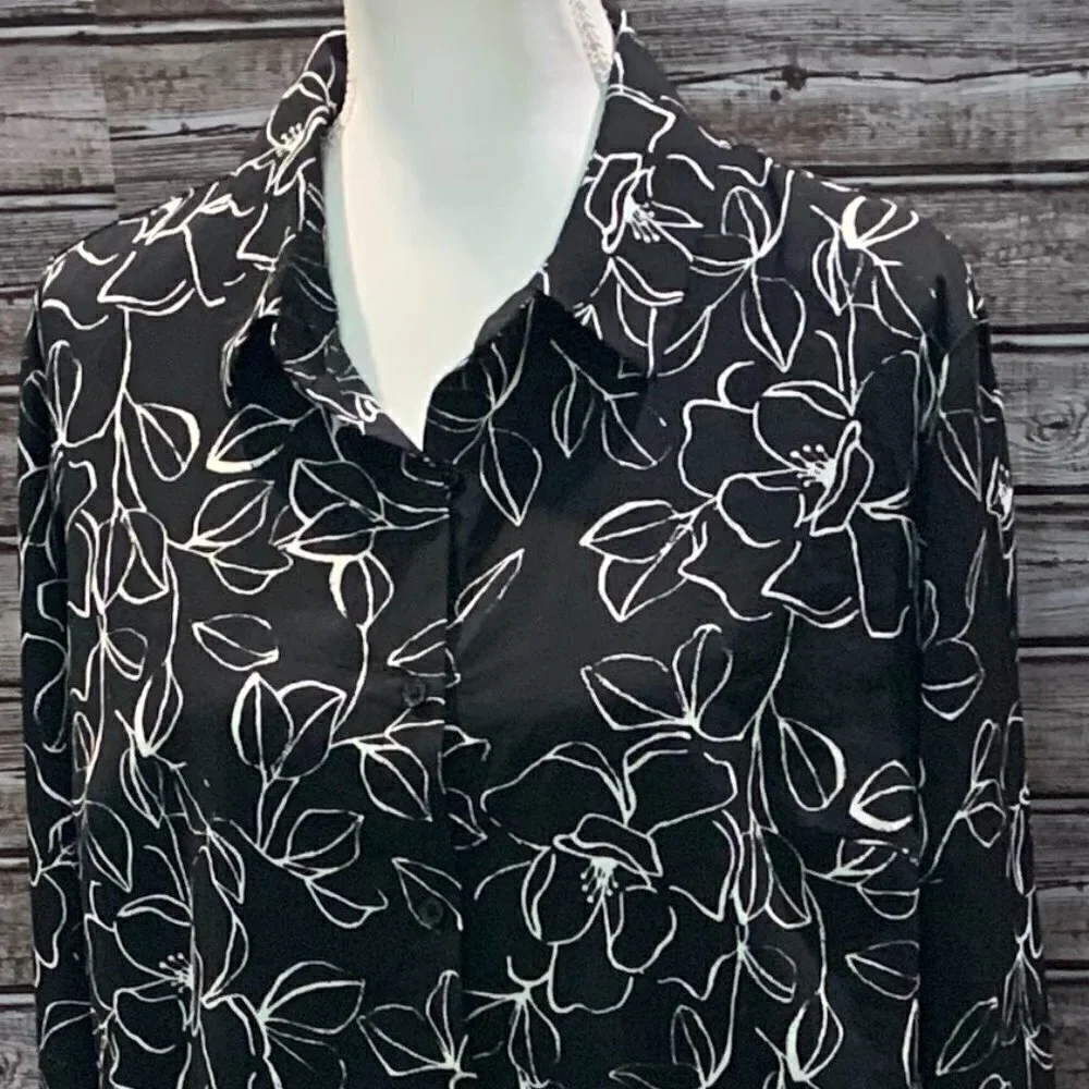 A.new day Black & White Button Front Floral Shirt